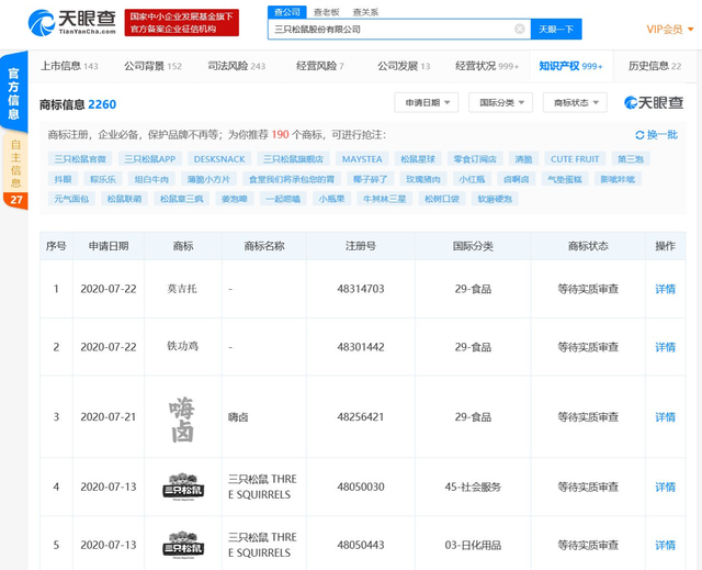 三只松鼠申請“莫吉托”相關商標